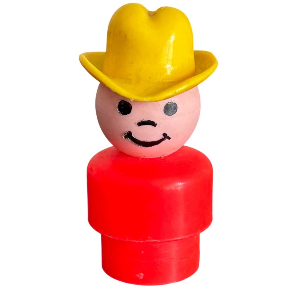 Vintage 1970s Fisher Price Little People Cowboy Kid Red Base Yellow Hat Plastic